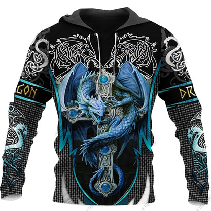 Sweatshirt com capuz para homem, unissexo, de manga comprida, outono/inverno, com estampado 3D de dragão e estilo tatuagem, pullover streetwear casual tipo fato de treino