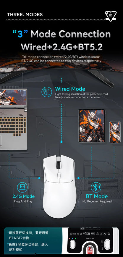 Rato Gaming Sem Fios Attack Shark R1 Leve Bluetooth 2.4G PAW3311 18000DPI Ergonómico com Macro