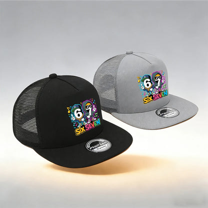 1/2PC Y2KSixSeven flat top truck driver hat, hip-hop cartoon print, breathable mesh, streetwear aesthetic hat