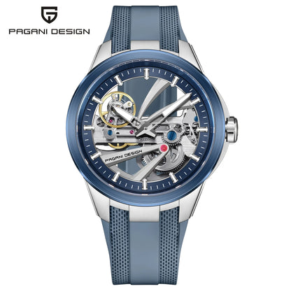 Zegarek męski PAGANI DESIGN – luksusowy model z mechanizmem automatycznym typu „skelet” (z widocznym mechanizmem), wyposażony w tourbillon, szkło szafirowe z powłoką antyrefleksyjną, wodoodporny i luminescencyjny.