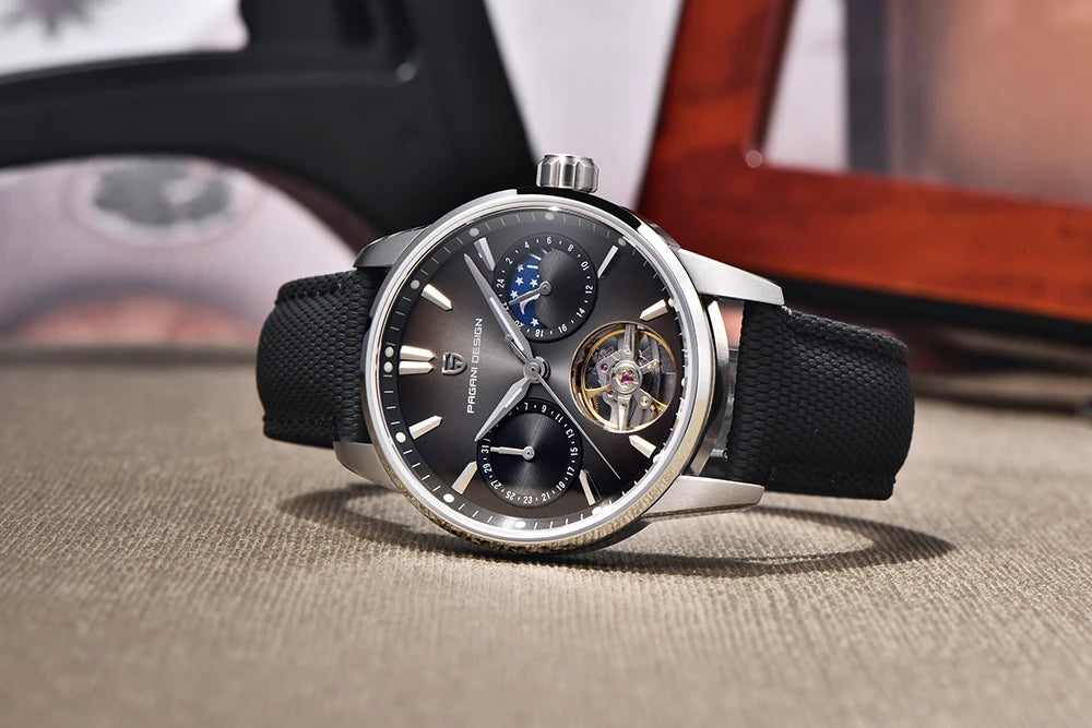 PAGANI DESIGN – Luxusné mechanické pánske hodinky, 41 mm, zafírové sklo, kožený remienok, vodotesné, v štýle pilotných hodín, s tourbillonom a fázou mesiaca