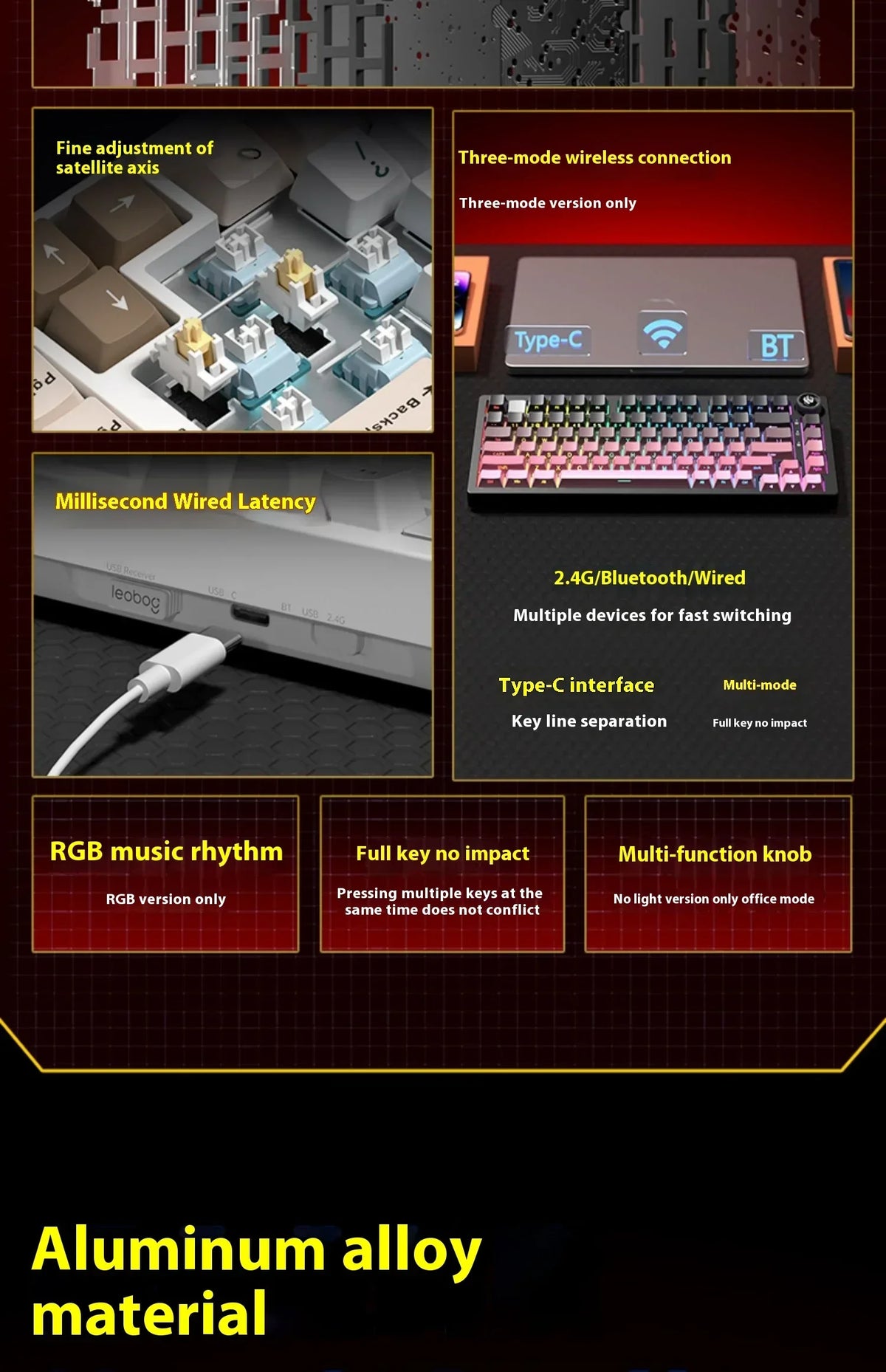 LEOBOG Hi75C Mechanical Keyboard 3Mode/Wired kit Hot Swap With Knob RGB Aluminium Alloy Gasket Hi75C Keyboard Kit PC Custom Gift