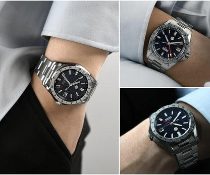 Relógio de Luxo para Homem San Martin 39mm com Mostrador em Pedra Aventurina, NH34 GMT Automático Mecânico, Safira, Impermeável e Luminescente SN0129