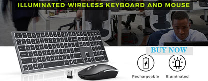 Combo tastiera e mouse wireless con retroilluminazione RGB, lettere illuminate ricaricabili, formato full-size, ergonomico, modalità sleep, 2.4GHz