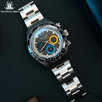 Tactical Frog 41mm Men's Chronograph Watch VS75 Solar Quartz Movement Waterproof Sapphire Green C3 Luminous Quartz Wristwatch