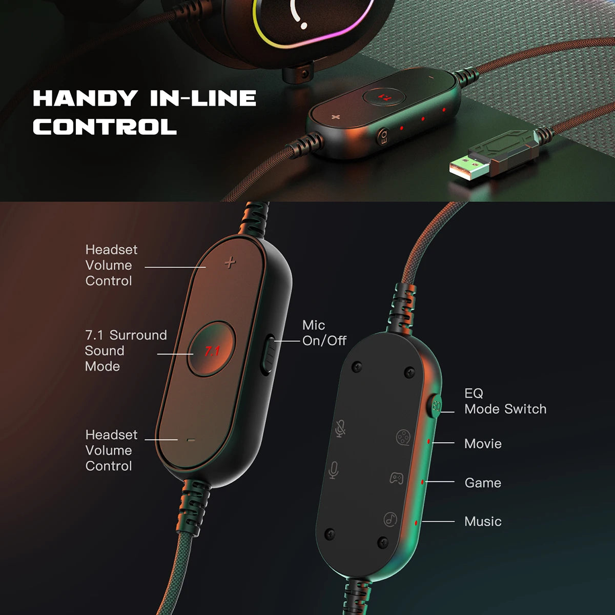 Auriculares gaming RGB FIFINE con micrófono – Auriculares USB circumaurales con cable, sonido envolvente 7.1, para PC, PS4 y PS5, con modos EQ y aislamiento de ruido