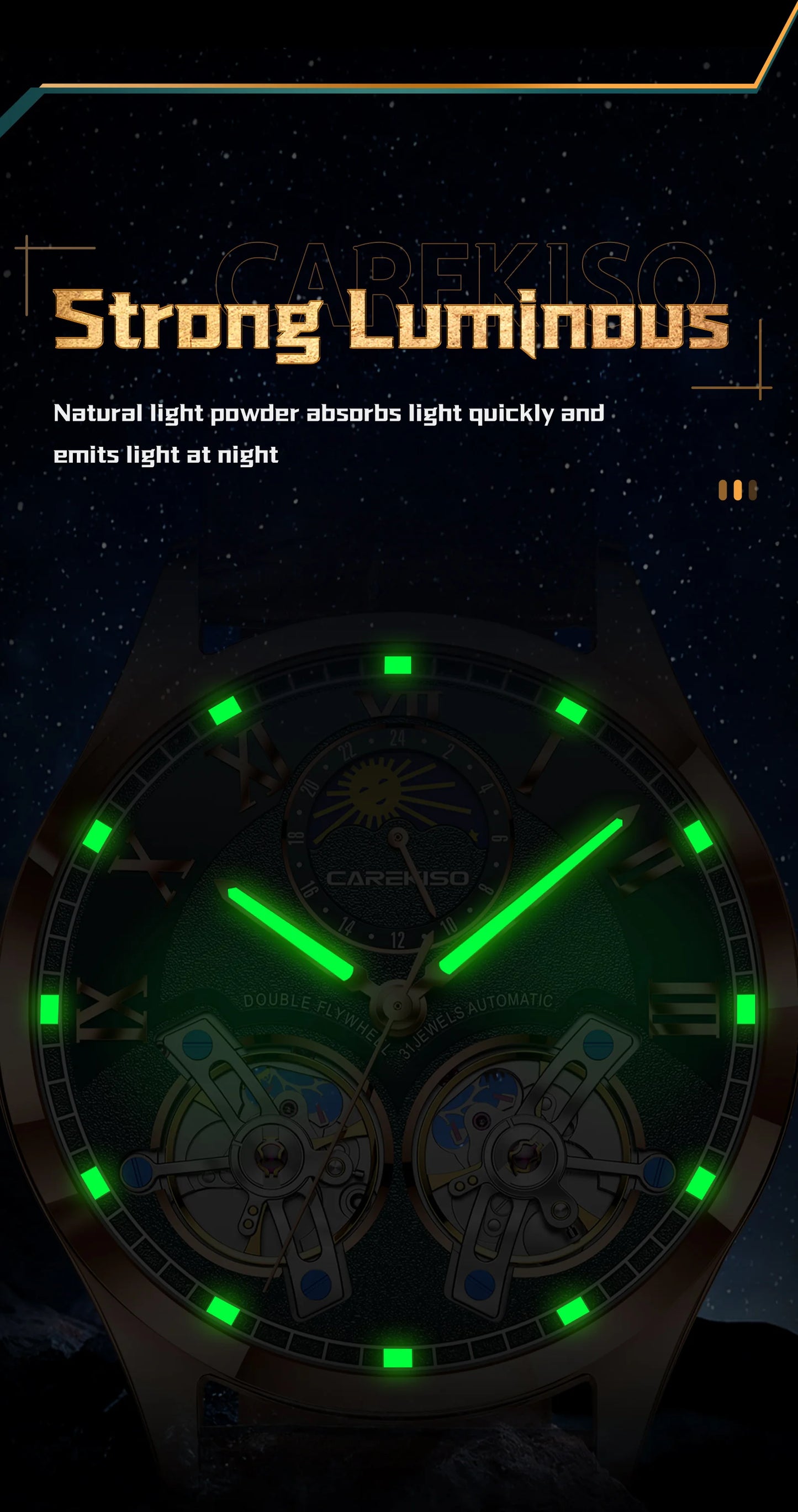 CAREKISO Fashion Men's Clock Double Hollow Tourbillon Automatic Mechanical Man Watch Waterproof Luminous Leather Men's Watches+Box