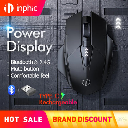 INPHIC A1 Bluetooth Mouse, Rechargeable 2.4G Tri-Mode Optical Mute Wireless Mouse, 1600 DPI for Mac, Laptop, PC, Tablet, Mobile Phone