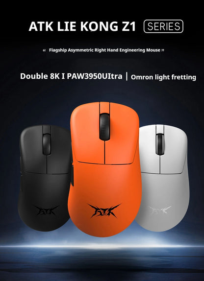 Rato Gaming Sem Fios ATK Z1 Pro Max Ultra com Pé Personalizado, PAW3950 Ultra Smart Speed Wireless, Taxa de Polling 8k e Baixa Latência de 0.39ms