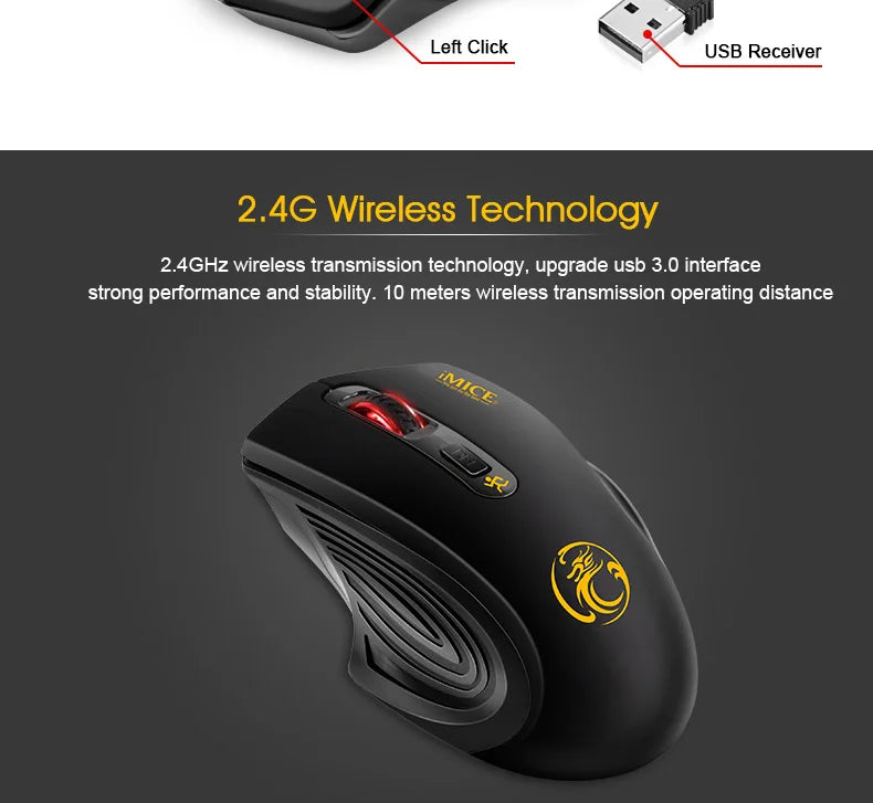 Mouse wireless nuovo 2000DPI regolabile con ricevitore USB 3.0, mouse ottico per computer 2.4GHz, mouse da gaming dal design ergonomico per laptop