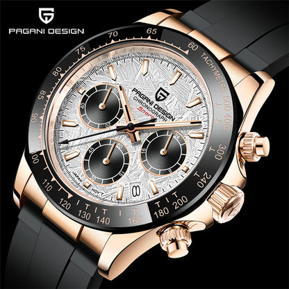 PAGANI DESIGN V2 40MM Herrenuhr mit Meteorit-Zifferblatt, Quarzwerk, Saphirglas, Retro-Chronograph, wasserdichte Uhr für Herren