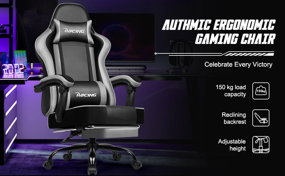 AUTHMIC Ergonomic Gaming Chair with 170° Reclining Backrest, Footrest, Adjustable Armrests, Breathable Fabric, Premium Gamer Chair