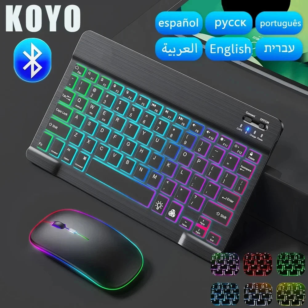 Mini-RGB-Tastatur mit Hintergrundbeleuchtung, 10 Zoll, Bluetooth, kabellose Maus, wiederaufladbar, für Spanisch, Russisch, Hebräisch, Koreanisch, Französisch, Arabisch, Portugal