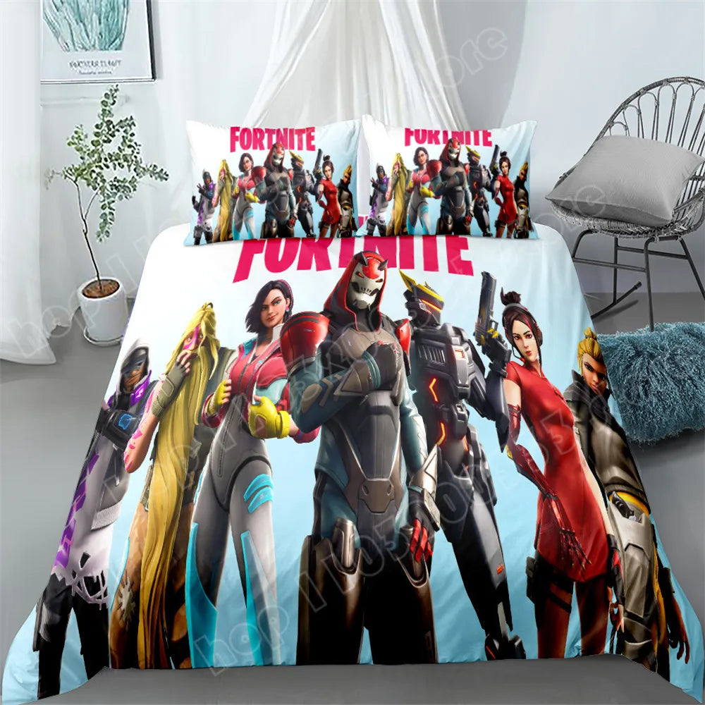 Fortnite-Bettwäsche-Set, 3-teilig, 3D-Druck, Bettwäsche für Schlafzimmer, Gaming-Cartoon-Dekor, Bettbezug und Kissenbezug, Geburtstagsgeschenk