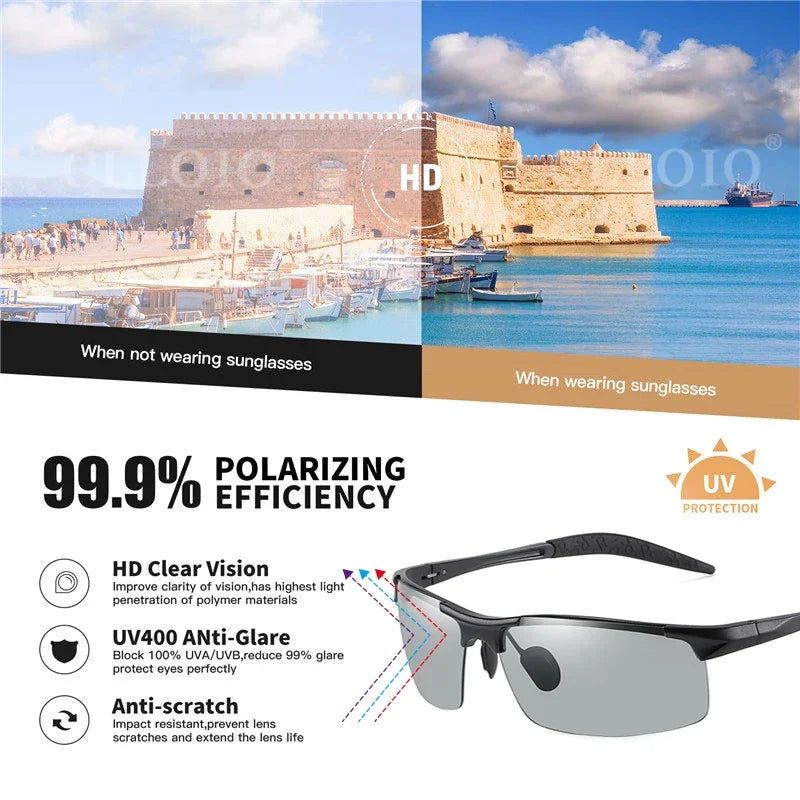 CLLOIO Aluminum Rimless Photochromic Sunglasses Men Polarized Driving Chameleon Anti-Glare Glasses Travel Fishing Goggle UV400