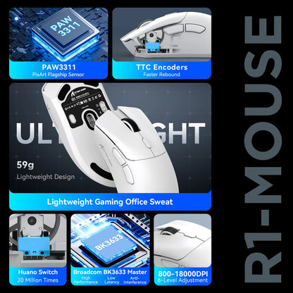 ATTACK SHARK R1 Tri-Mode-Gaming-Maus, PixArt PAW3311 Sensor, 18000 DPI, 1000hz, 59g ultraleicht für große Hände, für PC/Mac
