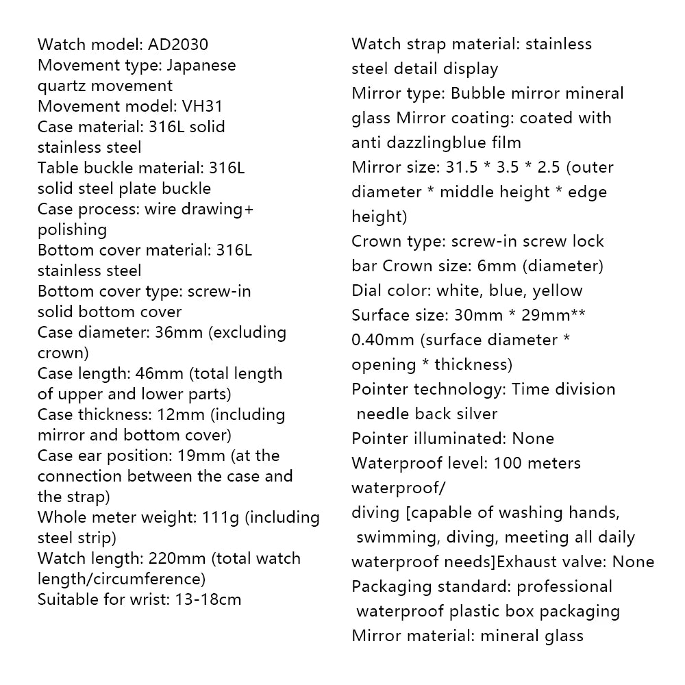 ADDIESDIVE HOT AD2030 36mm Men's Watch No Logo Sports Bubble Mirror Pot Cover Glass 10Bar Quartz Wristwatches