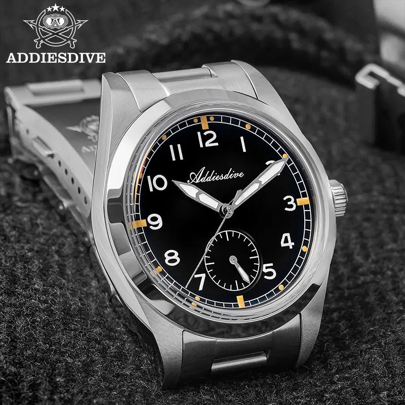 ADDIESDIVE 36mm Herren-Quarzuhr VH60 mit BGW9-Leuchtbeschichtung, Bubble-Mirror-Topfdeckelglas, 10Bar wasserdicht, Edelstahl-Uhr