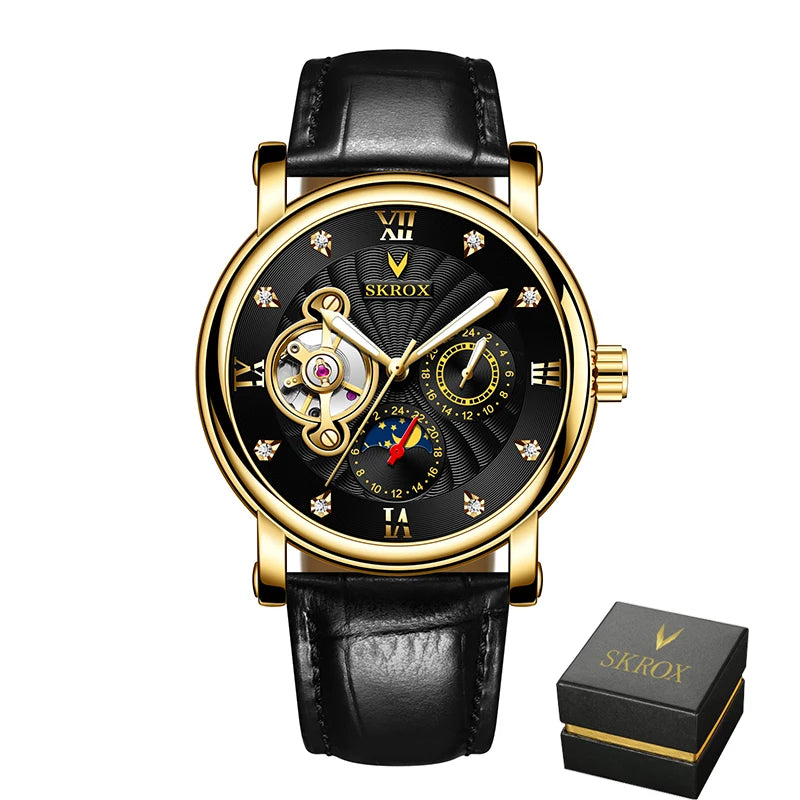 A luxury automatic mechanical watch for men, from a leading brand, featuring a tourbillon, a moon phase display and diamonds – an elegant wristwatch.