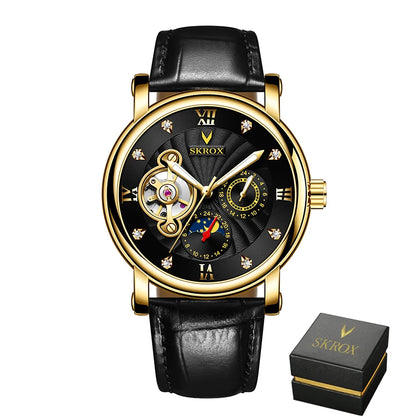 A luxury automatic mechanical watch for men, from a leading brand, featuring a tourbillon, a moon phase display and diamonds – an elegant wristwatch.