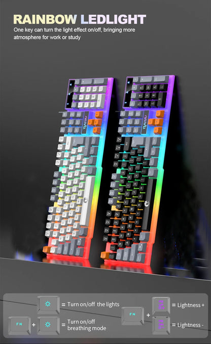 Teclado individual e conjunto teclado + rato RAIKU T26 de três tons com iluminação, teclado e rato com fios, toque mecânico, conjunto gaming