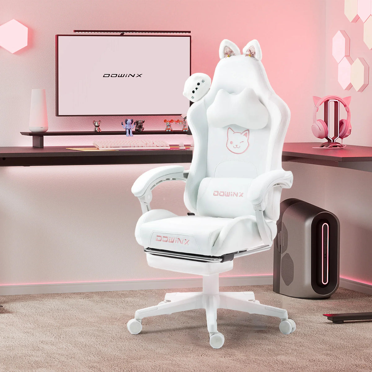Cute Gaming Chair with Cat Ears Footrest Pink Kawaii Computer Chair Ergonomic High Back Gamer Seat with Cat Paw Lumbar Support