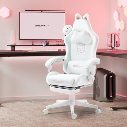 Cute Gaming Chair with Cat Ears Footrest Pink Kawaii Computer Chair Ergonomic High Back Gamer Seat with Cat Paw Lumbar Support