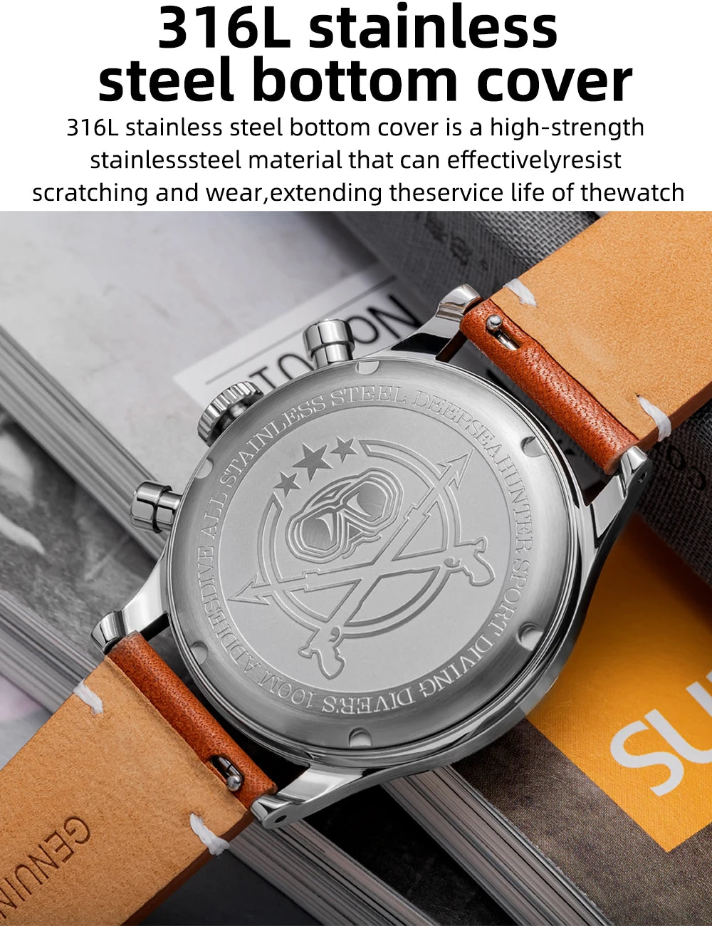 ADDIESDIVE AD2037 Men Quartz Watch Multifunctional 24 Hour Chronograph Black Dial Leather Watches 100m Dive Business Wristwatch