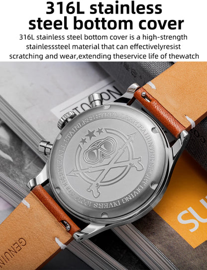 ADDIESDIVE AD2037 Men Quartz Watch Multifunctional 24 Hour Chronograph Black Dial Leather Watches 100m Dive Business Wristwatch