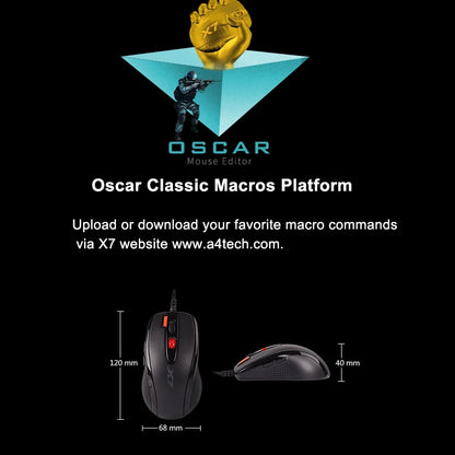 Mouse gaming A4TECH X7 X-710BK Oscar, 2000DPI, 1000HZ, rotella 4D, memoria integrata 160K, Oscar Mouse Editor, senza driver