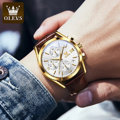 Vyriškas chronografinis rankinis laikrodis „OLEVS 2872“ – odinis dirželis, atsparus vandeniui, šviečiantys rodyklės, kvarcinis mechanizmas, prabangus sportinis stilius