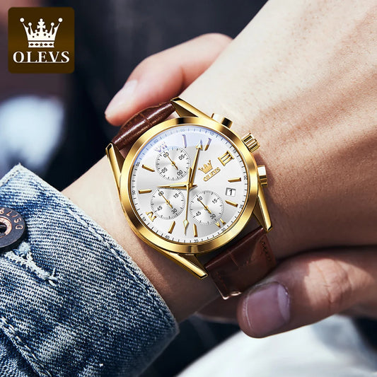 Reloj de pulsera cronógrafo para hombre OLEVS 2872 – Correa de piel, resistente al agua, agujas luminiscentes, movimiento de cuarzo, estilo deportivo de lujo