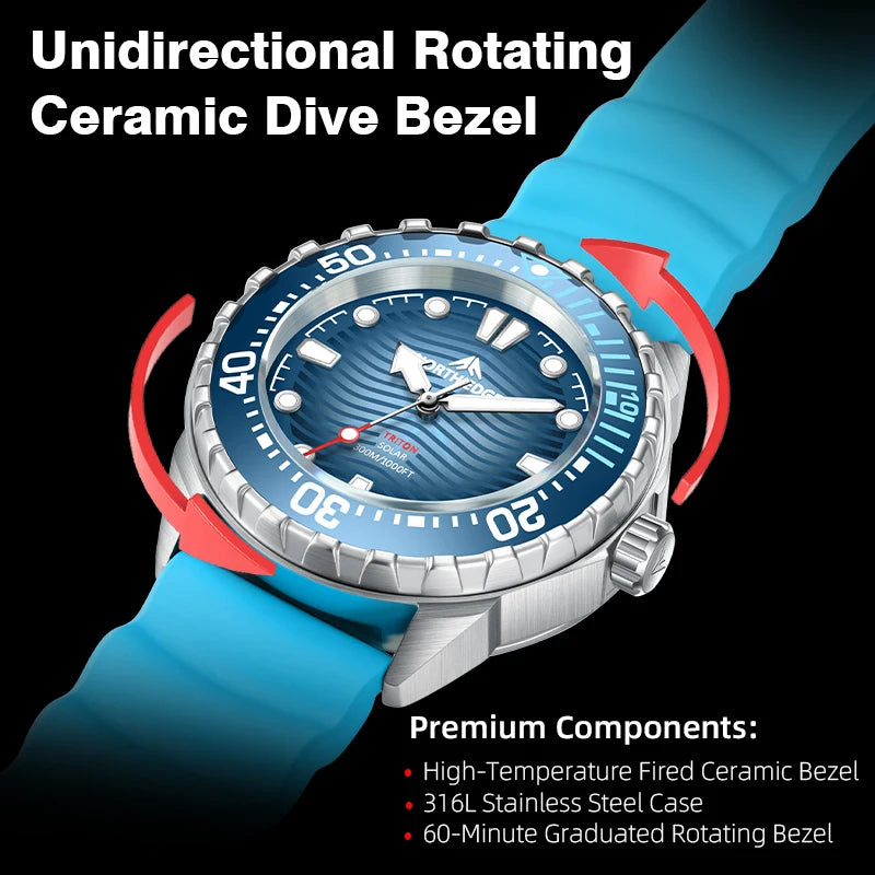 2025 New  NORTH EDGE TRITON Solar Powered Dive Watch Men Luxury Quartz Watches For Men 316L Stainless Steel Case Waterproof 300M