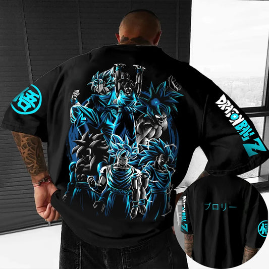 T-shirt oversized da bambino Dragon Ball Z Son Goku All Forms Broly Blue Aura Group Print, streetwear anime da uomo, maglietta anime per fan