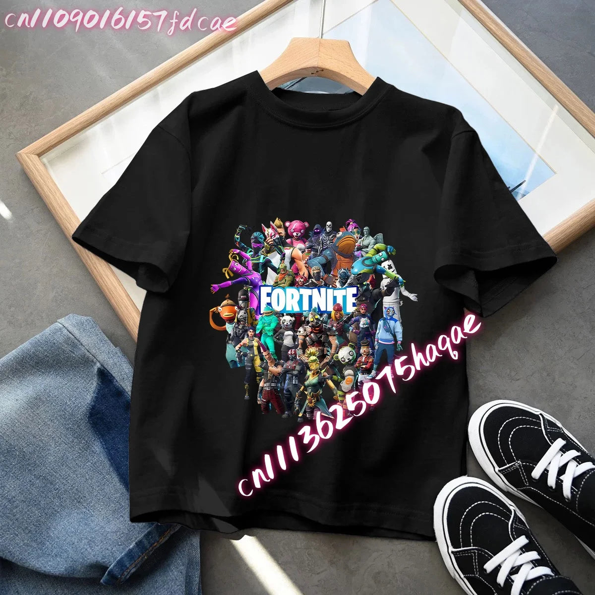 T-shirt preta em algodão para criança Fortnites Fortress Night, manga curta, estilo cartoon, para menino e menina, roupa de verão kawaii, top para oferta