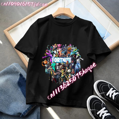 T-shirt preta em algodão para criança Fortnites Fortress Night, manga curta, estilo cartoon, para menino e menina, roupa de verão kawaii, top para oferta