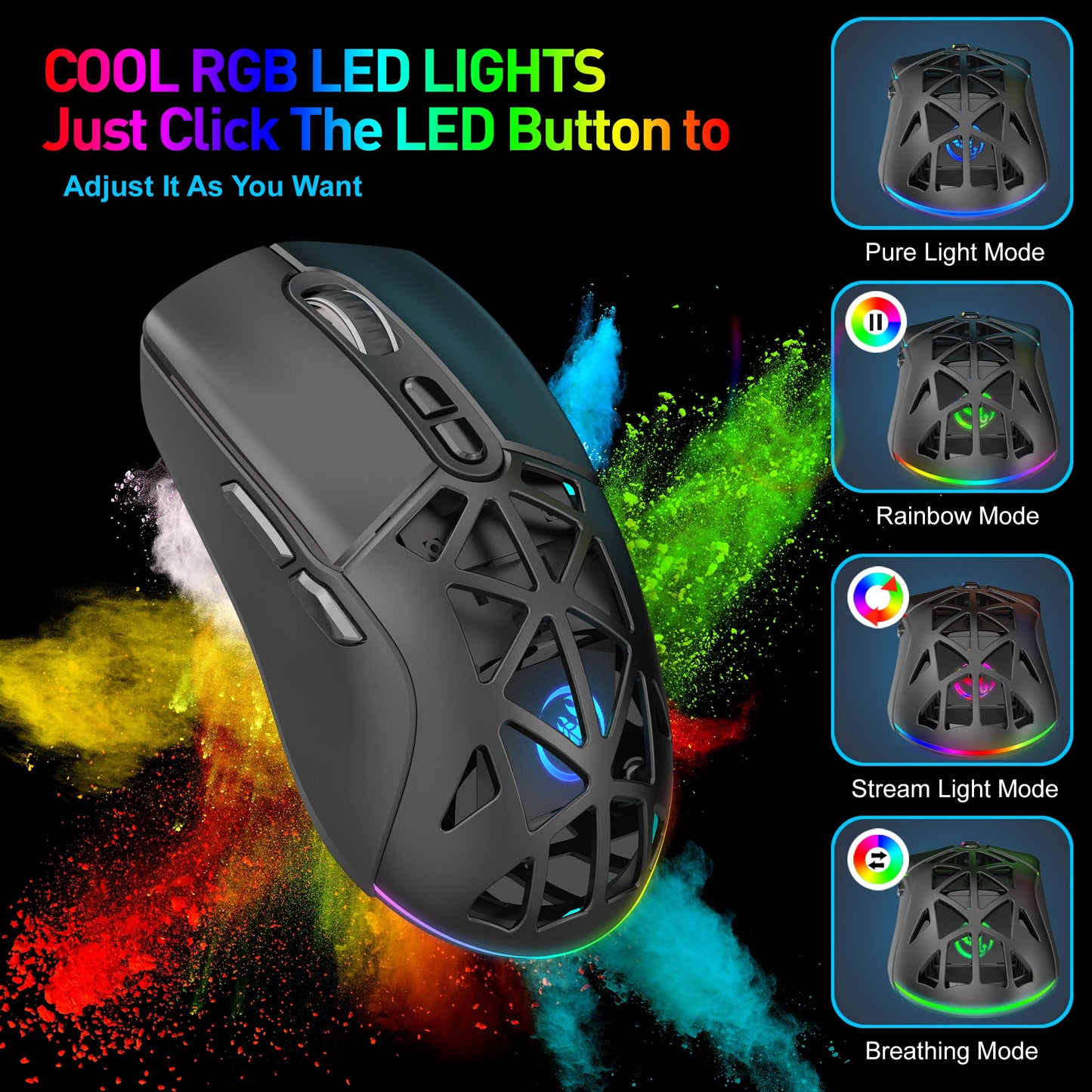 Ratón gaming HXSJ T26 de doble modo 2.4G+BT5.1, inalámbrico para portátil, 4800DPI ajustables, óptico, ergonómico para gamer