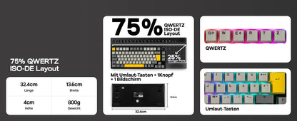 ISO-DE Layout AJAZZ AK820 PRO 75% QWERTZ German Layout Mechanical Keyboard Tri-Modes Wireless Keyboard with TFT Screen NKRO RGB