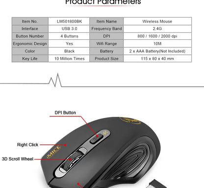 Mouse wireless nuovo 2000DPI regolabile con ricevitore USB 3.0, mouse ottico per computer 2.4GHz, mouse da gaming dal design ergonomico per laptop