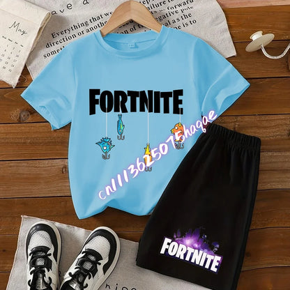Completo estivo Fortnite con T-shirt e shorts per bambini e bambine, set 2 pezzi, abbigliamento bambino con top, T-shirt e pantaloncini, stampa Fortress Night, idea regalo