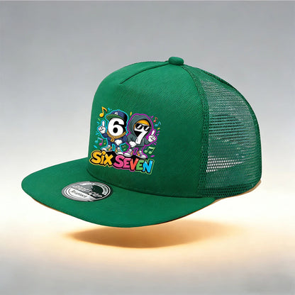 1/2PC Y2KSixSeven flat top truck driver hat, hip-hop cartoon print, breathable mesh, streetwear aesthetic hat