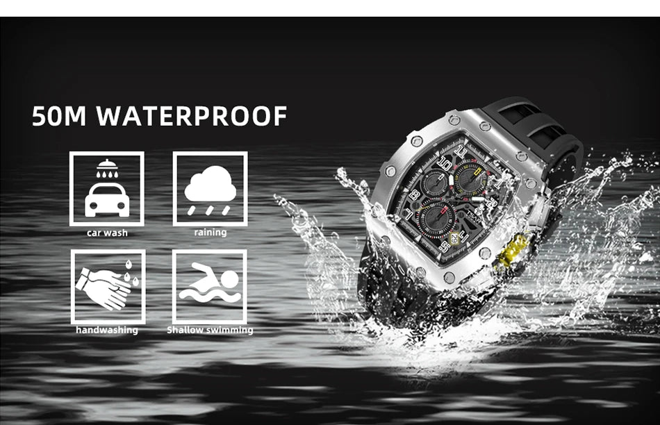 TSAR BOMBA Watch for Men Luxury Brand Tonneau Design Waterproof Clock Stainless Steel Wristwatch Fashion Rectangle Mens Watch