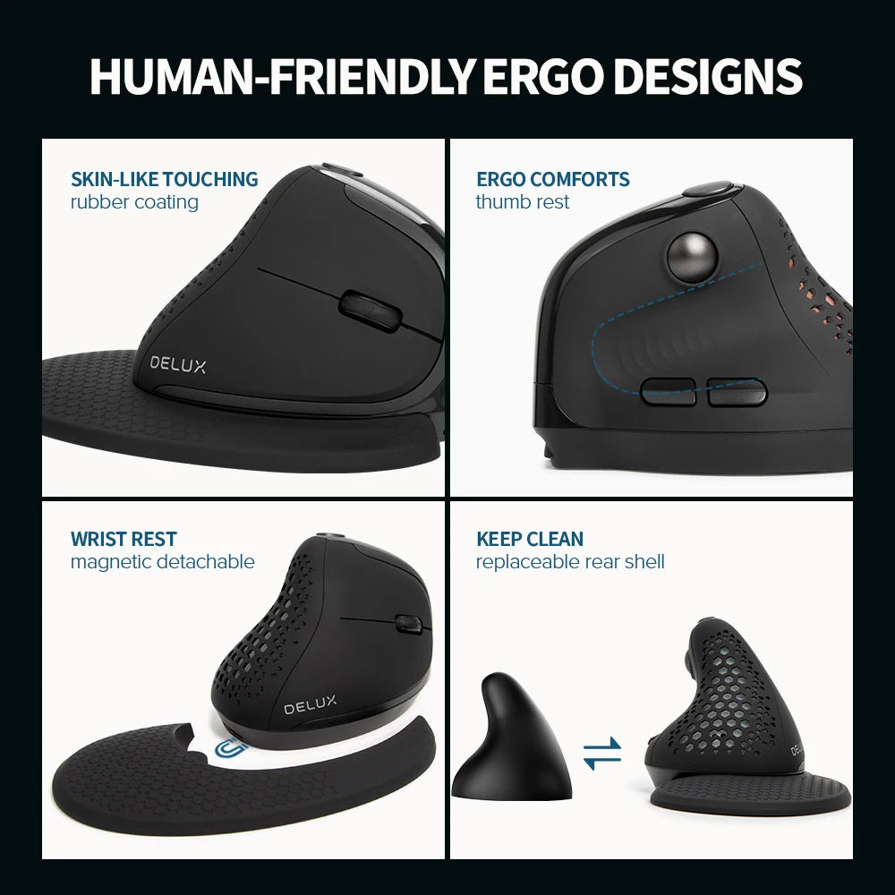 Rato Vertical Ergonómico Delux M618XSD Seeker com Ecrã OLED 4000DPI, Recarregável, 1000mA e Tampa Traseira Amovível para Computador