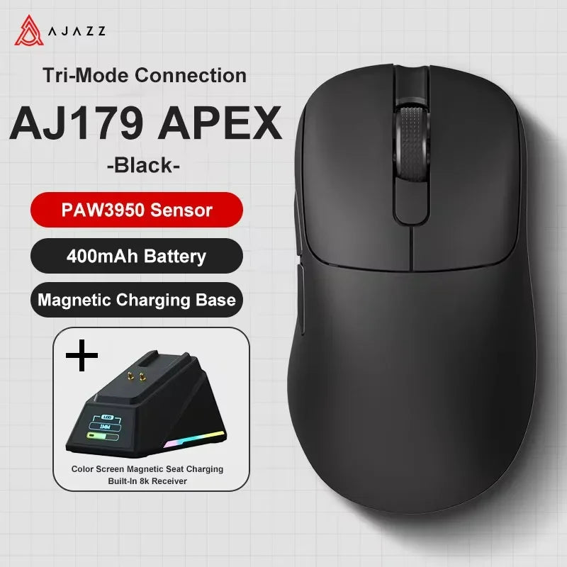 Ratón gaming inalámbrico Ajazz AJ179 APEX con base con pantalla a color, Bluetooth, PAW3395, batería de 400mAh, frecuencia de actualización de 8000Hz