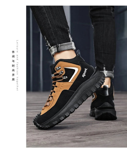 Black And Tan Mid Top Hiking Boots Suede And Leather Platform Sneakers Non Slip Outdoor Casual Shoes With Rugged Sole For All
