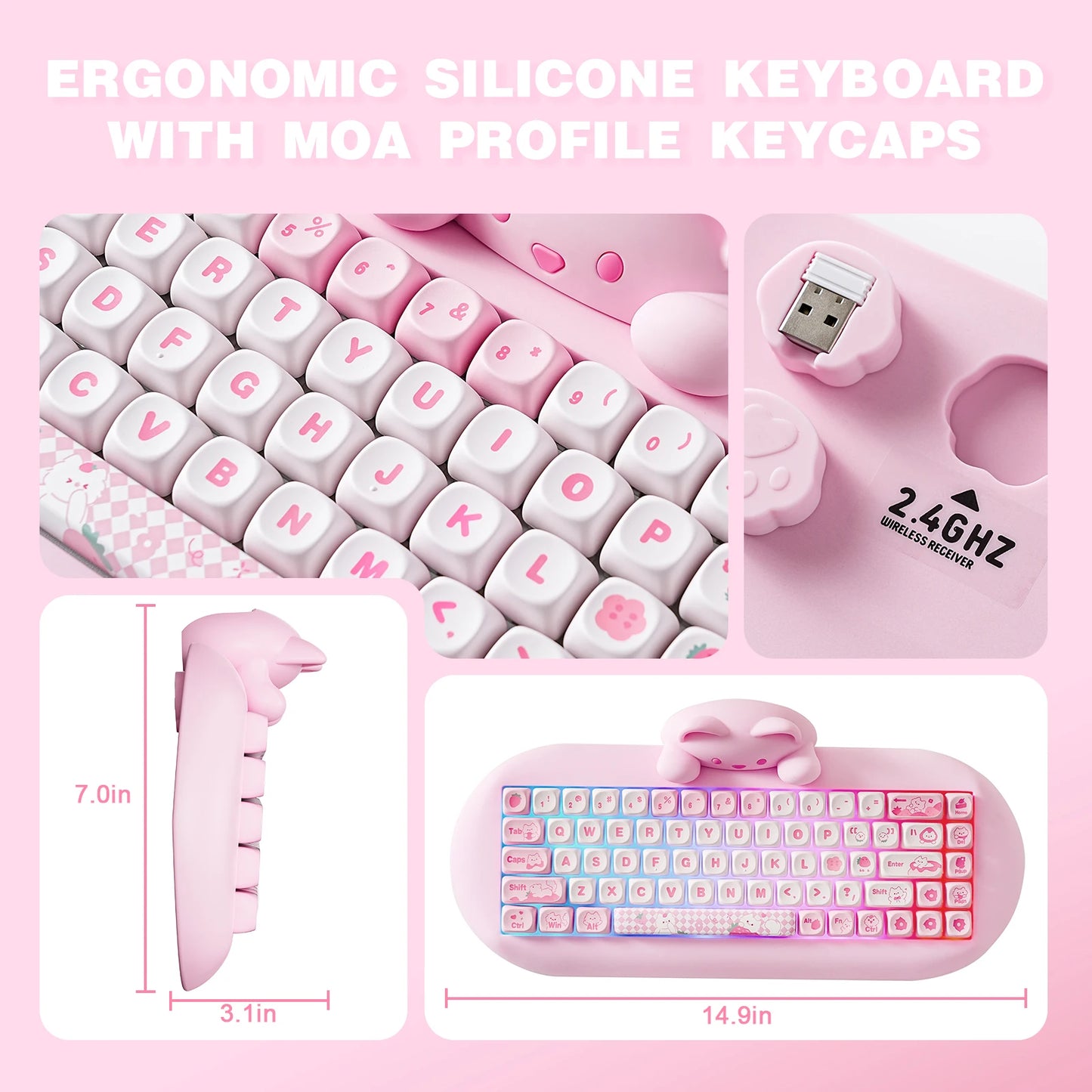 YUNZII C68 Pink 65% Hi-Fi Cute Cat Silicone Hot Swap NKRO Ergonomic Wireless BT5.0/2.4G/Wired RGB Mechanical Gaming Keyboard