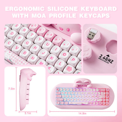 YUNZII C68 Pink 65% Hi-Fi Cute Cat Silicone Hot Swap NKRO Ergonomic Wireless BT5.0/2.4G/Wired RGB Mechanical Gaming Keyboard