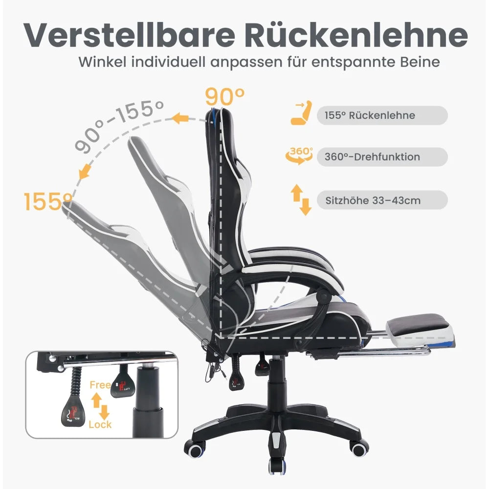 360 ° - Swivel Ergonomic Racing Design Gaming Chair Leather High Back Office Chair Height Adjustable Task Chair, Black&White