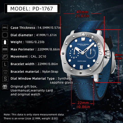 PAGANI DESIGN Men's Mechanical Watch Luxury Sapphire Glass Luminous Automatic Watch 200M Waterproof Stainless Steel Watch