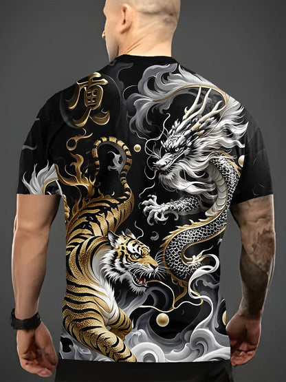 Herren-Sommer-T-Shirt mit Grafikprint, Drachen- & Tigerduell-Design, lässiges Kurzarm-T-Shirt, Mode 2025, lässiges O-Neck-Shirt